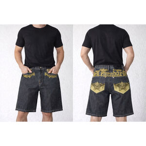 Vintage DELF Legendary Baggy Denim Shorts Y2K Embroidered Grey Jorts W34 L14.5